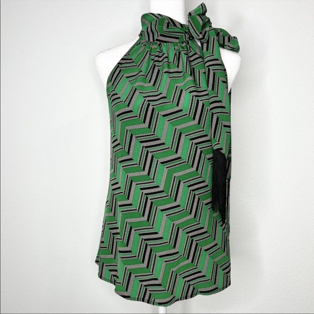 Trina Turk Green & Black 100% Silk Sleeveless Mock Tie-Neck Fringe Top - Small